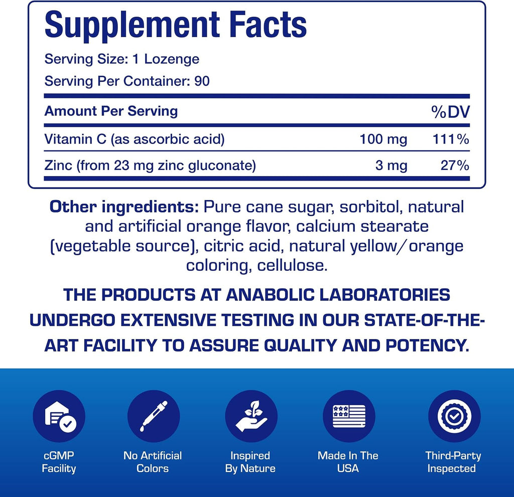 Zinc Lozenges with Vitamin C for Immune Support - High Absorption Vitamin C and Zinc Lozenges for Adults Daily and Seasonal Wellness - Tasty Immune Boost Support - 90 Count (Orange Flavor)