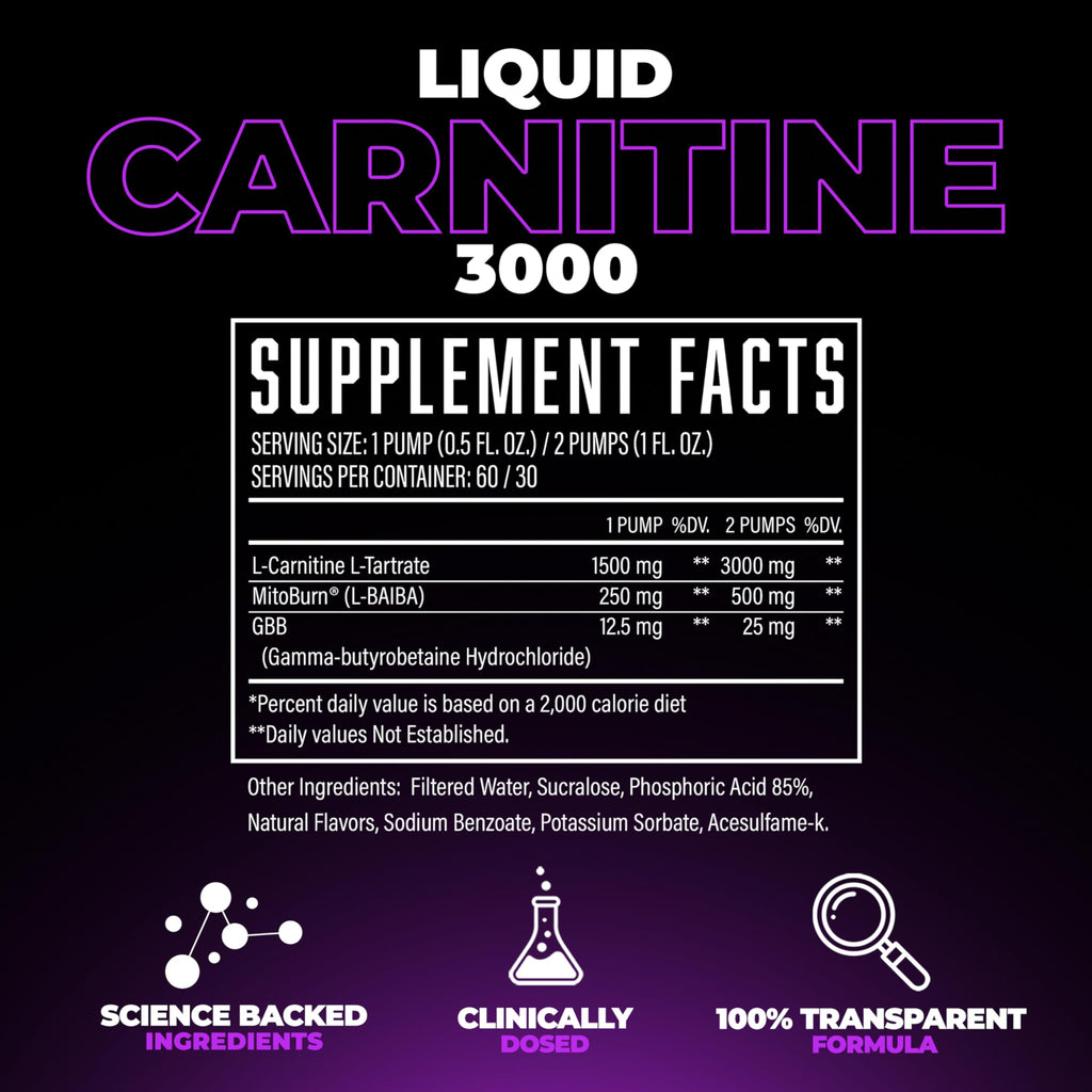 Huge Supplements Liquid L-Carnitine 3000, Superior Potency Infused with 500mg MitoBurn & 25mg GBB, Premium Stim-Free & Energy Boost, Convenient Pump Top, 32 Oz (60 Servings)