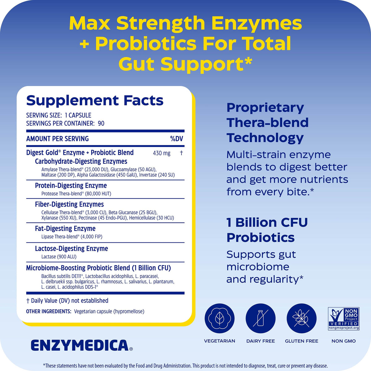 Enzymedica Digest Gold + Probiotics - Digestive Enzyme Supplement for Women & Men, Enzyme and Probiotic Capsules for Digestion, Gut Health Support, Helps Gas & Bloating, Vegetarian - 45 Caps