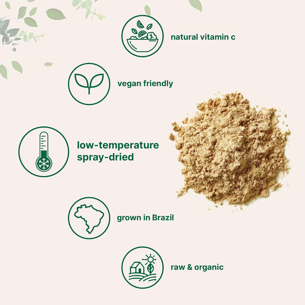 Organic Acerola Powder, 8oz | Natural Organic Vitamin C Superfood | No Sugar & Additives | Great Flavor for Drinks, Smoothie, & Beverages | Non-GMO & Vegan Friendly, Brazil Origin