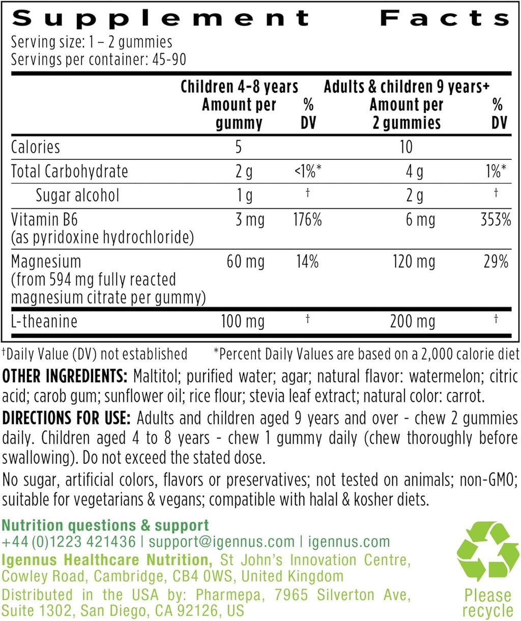 Igennus High Absorption Magnesium Citrate Gummies with L-Theanine & B6, Calm & Nervous System Support for Adults & Kids, Sugar-Free, Clean Ingredients & Vegan, Watermelon Flavor, 45-90 Servings