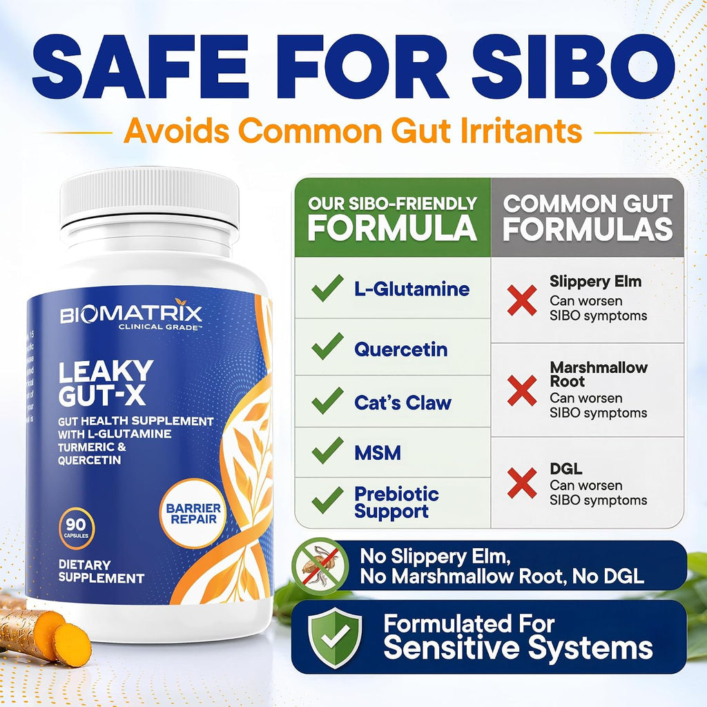 BioMatrix Leaky Gut Repair Supplement w/Glutamine, Quercetin, Cat's Claw, MSM, SIBO, Prebiotic Support, Intestinal Barrier Revive for Men and Women | 60-Day Supply – Leaky Gut-X