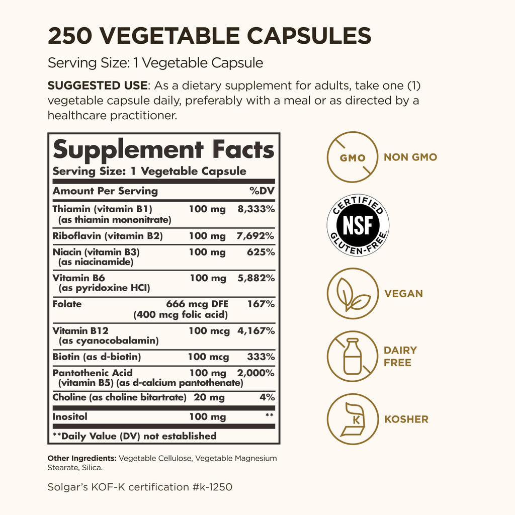 Solgar B-Complex "100", 100 Vegetable Capsules - Nervous System Support - Supports Energy Metabolism - Non-GMO, Vegan, Gluten Free, Dairy Free, Kosher - 100 Servings