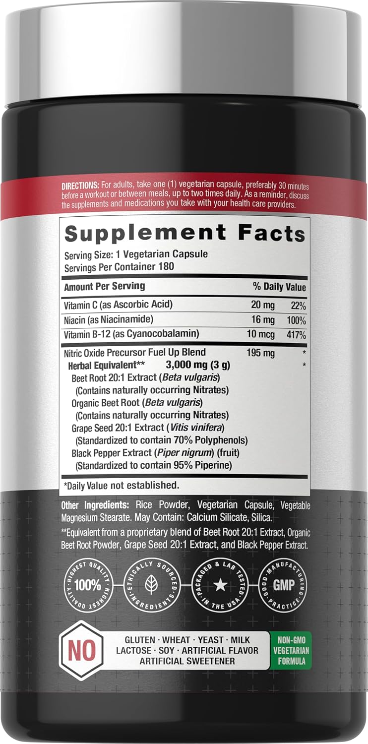 Horbäach Nitric Oxide Beet Root Capsules | 180 Count | with Nitrates and Precursor | For Men and Women | Vegetarian, Non-GMO, Gluten Free Supplement