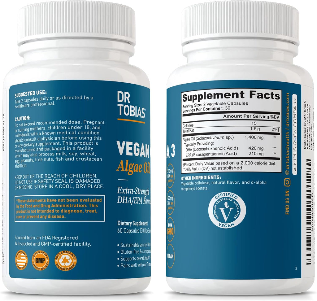 Dr. Tobias Vegan Omega 3 Algae Oil 60 Capsules | Extra-Strength DHA EPA | Plant-Based Omega 3 Supplement | Heart & Brain Support | 420 mg DHA + 210 mg EPA | Lemon Flavor | 30 Servings