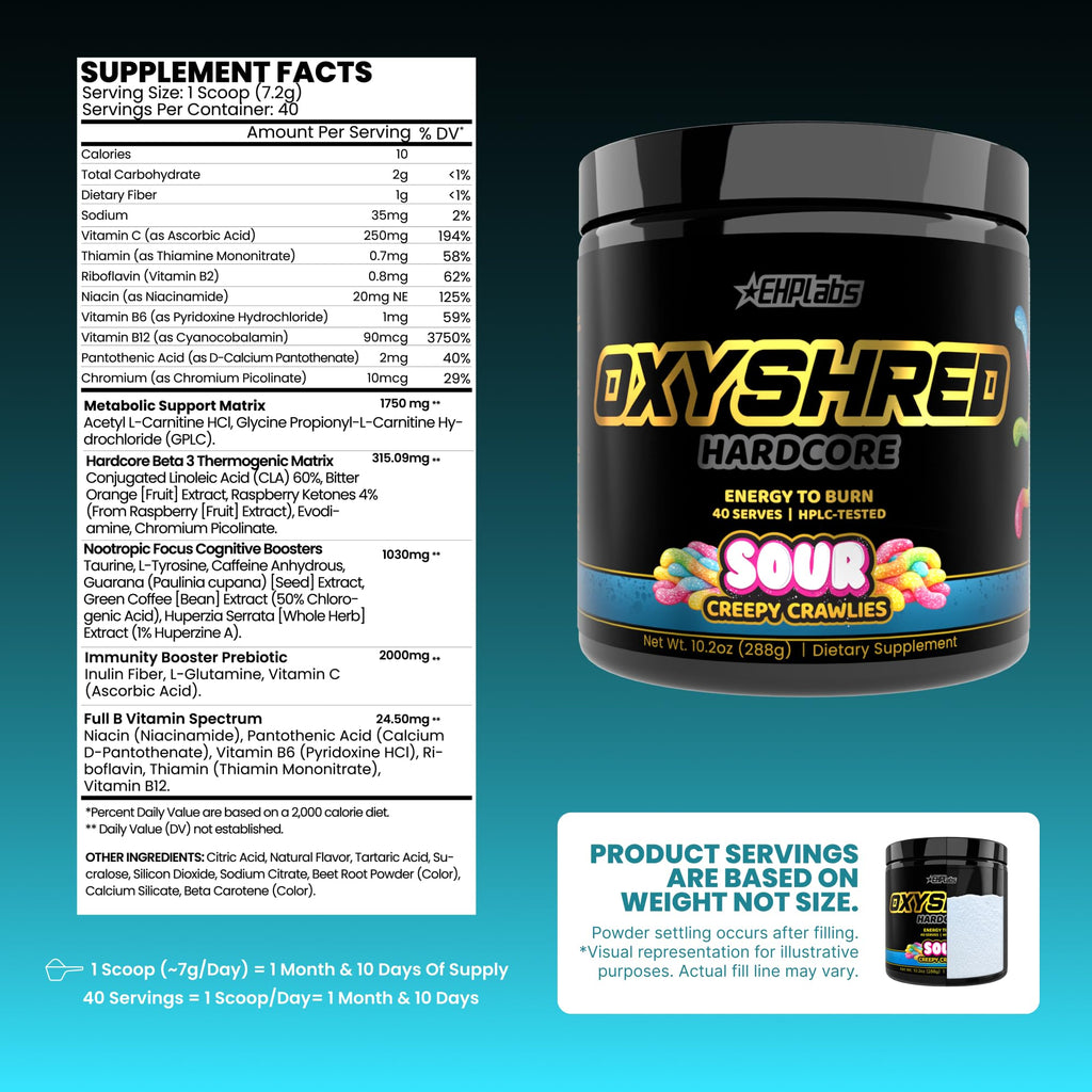 EHP Labs OxyShred Hardcore Super Dosed Pre Workout Powder - Preworkout Powder with L Glutamine & Acetyl L Carnitine, Energy Boost Drink - 275mg of Caffeine - Watermelon Candy, 40 Servings