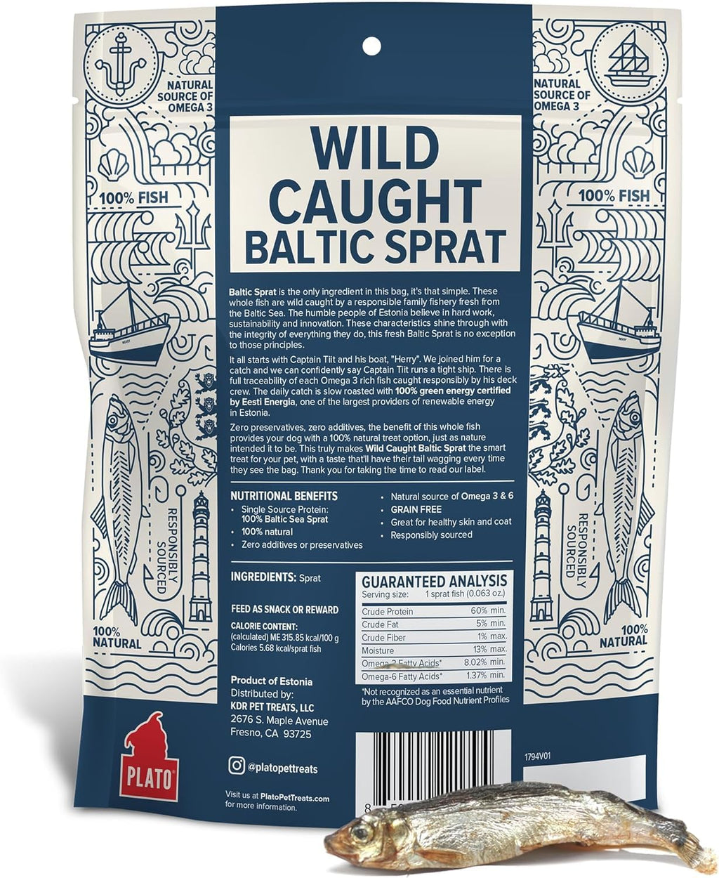 Plato Pet Treats Fish Dog Treats - Air-Dried, Single Ingredient Pet Treat - Omega 3 & 6 Fatty Acids to Support Skin and Coat - 100% Whole Fish - Wild Caught Baltic Sprat - 3 oz - 2 Pack