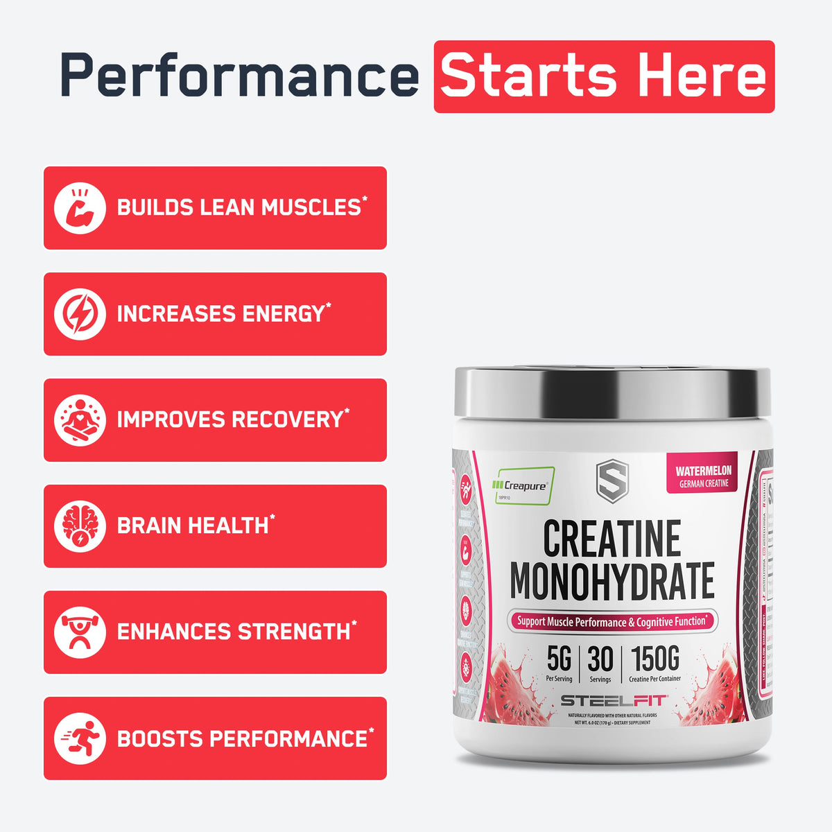 SteelFit Creapure Creatine Monohydrate Powder, Unflavored, 100 Servings | German Creatine Powder for Men, Women - Gym Workout Nutritional Supplements for Muscle Gain, Brain Health & Strength Building