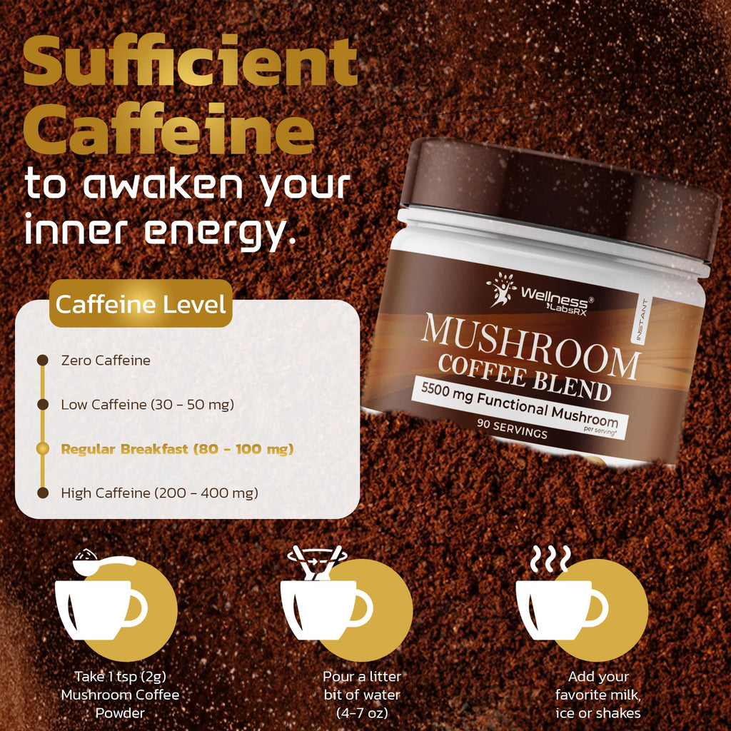 Mushroom Coffee, 90 Servings Organic Mushrooms Instant Coffea, Great Tasting Colombian Keto Coffee, 7 Superfood Mishrooms Lions Mane, Chaga, Reishi, Cordyceps, Maitake, Shiitake, and Turkey Tail