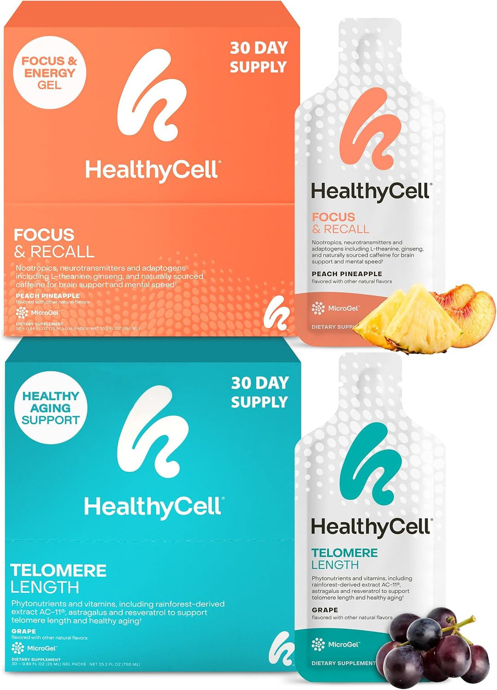 Healthycell Telomere Length + Focus & Recall Brain Supplement Bundle | Telomere Length Healthy Aging Supplement + Focus & Recall Brain Supplement for Memory, Focus & Concentration - Daily Duo