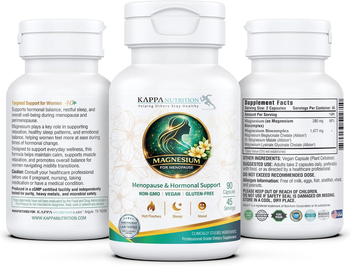 Kappa Nutrition® Magnesium for Menopause | Menopause & Hormonal Support for Women 40+ | Albion® Magnesium Biocomplex | Supports Calm, Sleep & Muscle Relaxation | Vegan | 90 Capsules (45 Servings)