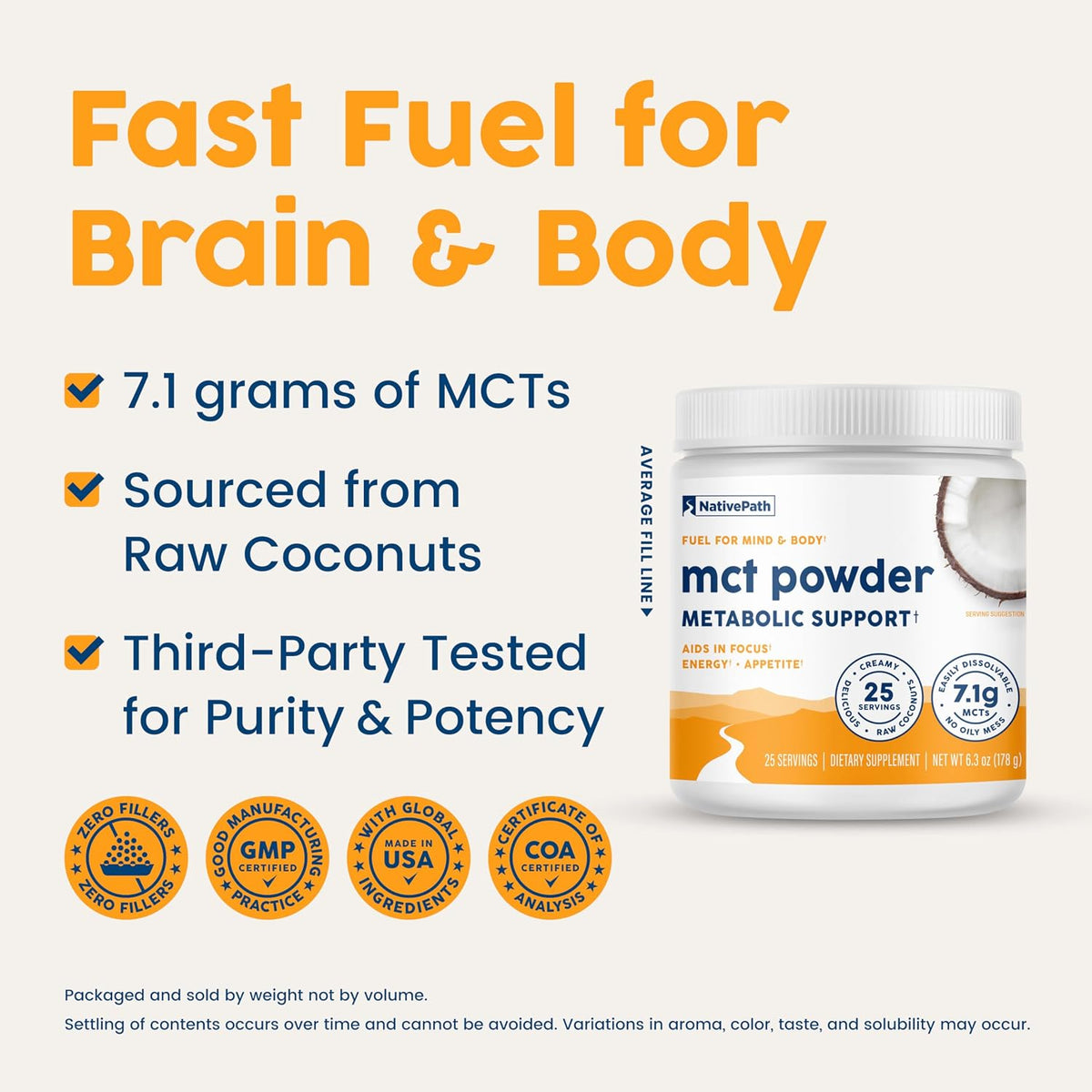 NativePath MCT Oil Powder, Keto C8 & C10, Unflavored, 25 Servings | From Coconut, Supports Clean Energy & Ketones, Coffee & Smoothies, Dairy-Free, Prebiotic Acacia Fiber