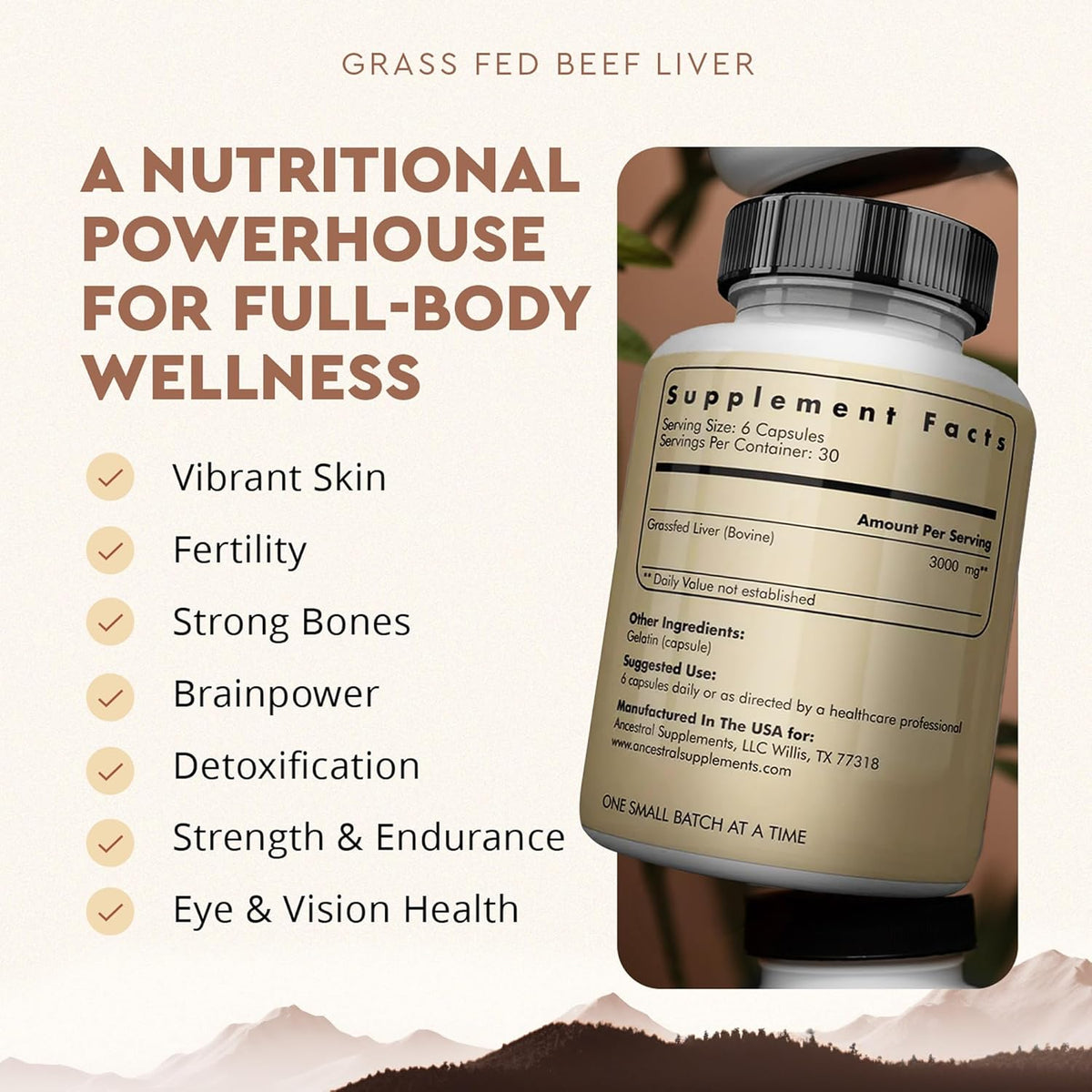 Ancestral Supplements Grass-Fed Beef Liver & Bone Marrow Capsules, 3000mg, Supports Energy, Digestion, Immunity, Skin, Oral Health, Joint Wellness, Non-GMO, Freeze-Dried, 180 Capsules