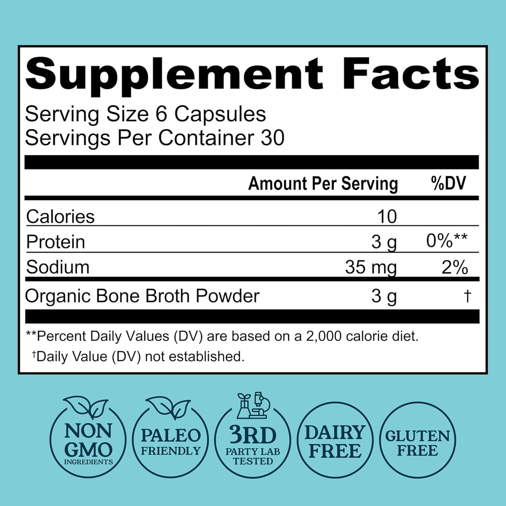 Grass-Fed Bone Broth Capsules with Collagen from Organic Bone Broth Powder. Collagen Supplement for Nails, Hair, Joints and Digestive Health* Support. Gut Friendly-Ingredients, 180 Capsules