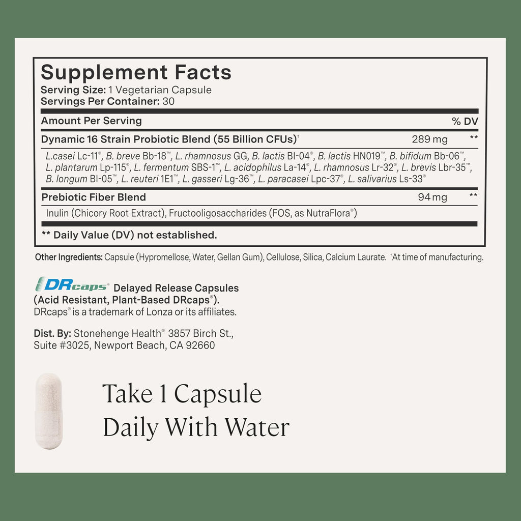 Stonehenge Health Probiotics 55 Billion CFU - 16 Strains, Prebiotic, Synbiotics Dynamic Biotics - Lactobacillus Acidophilus, Delayed Release, Shelf Stable, Non-GMO Gluten Free Veggie Capsule