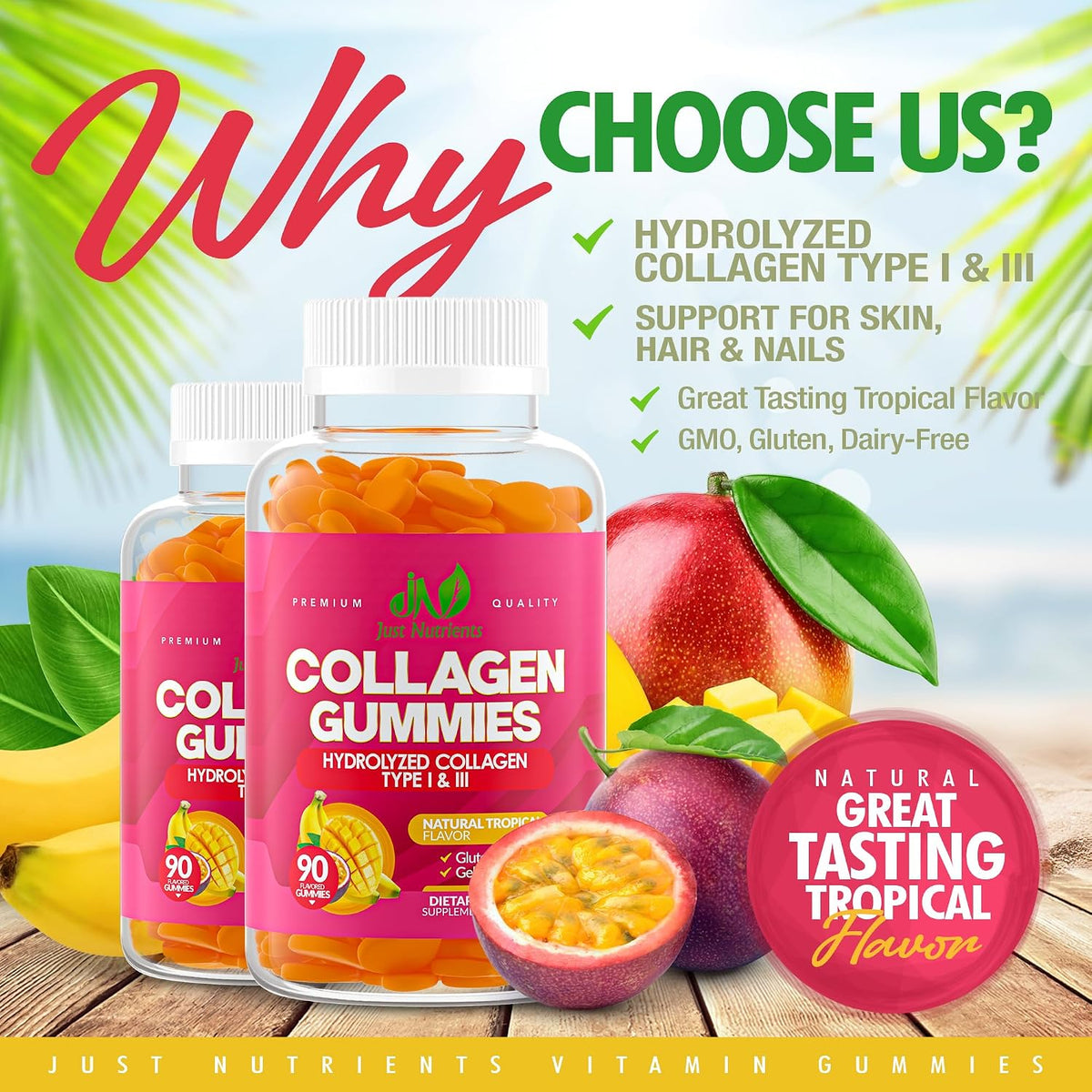 Just Nutrients Collagen Gummies for Women & Men (90 Count) | Premium Hydrolyzed Collagen Type I & III for Hair, Skin & Nails Support - Great Tasting Tropical Flavor, Gluten-Free