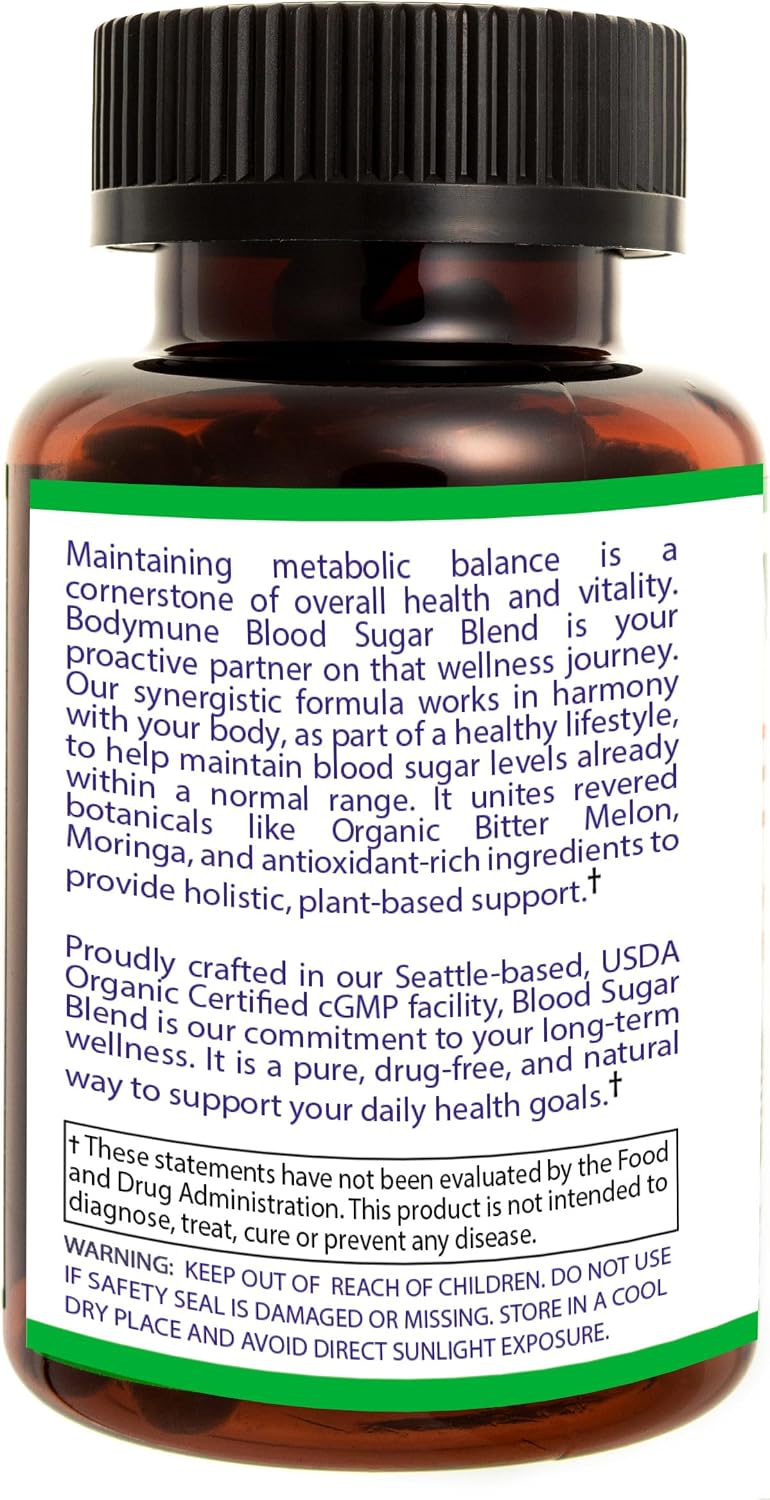 Bodymune Blood Sugar Blend – Organic Blood Sugar Support Supplement – with Bitter Melon Capsules, Moringa, & Black Seed Oil – 66 Capsules – USDA Organic, Vegan, Non-GMO