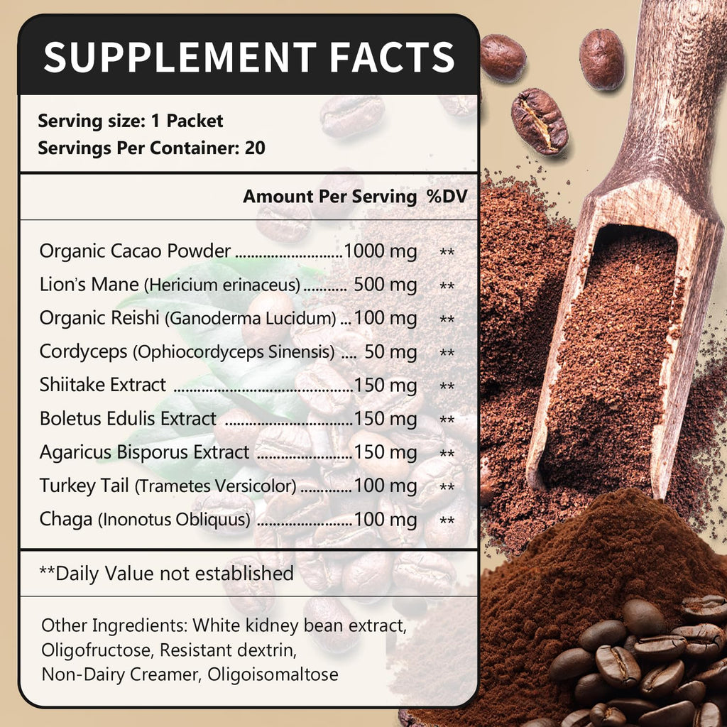 CANLIST Organic 9 in 1 Mushroom Coffee Powder with Lion's Mane & Chaga,Cordyceps, Reishi, Shiitake for Cognitive Focus, Immune Support & Stress Relief, Non-GMO & Vegan Friendly（20 Stick Packets）