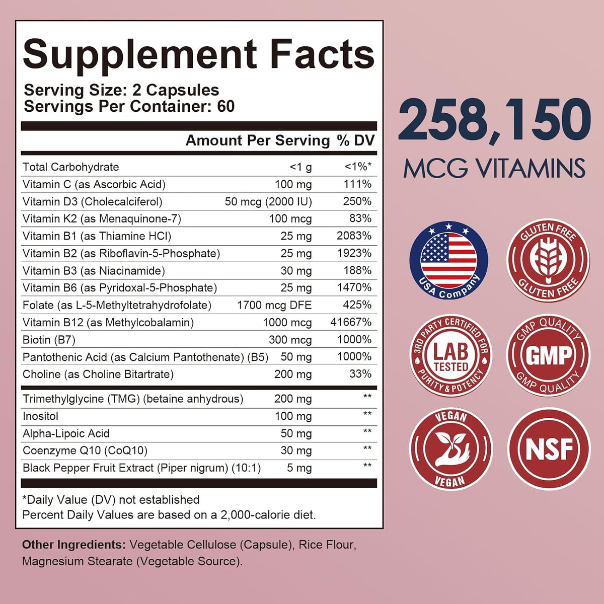 Migcopat 17-in-1 Methylated B Complex, 258,150 mcg Multivitamins, B12 Methylcobalamin, Methylfolate,Vitamin C, Vitamin D3 K2, CoQ10, Biotin, TMG, Methylated Multivitamin for Energy, Brain-120 Capsules