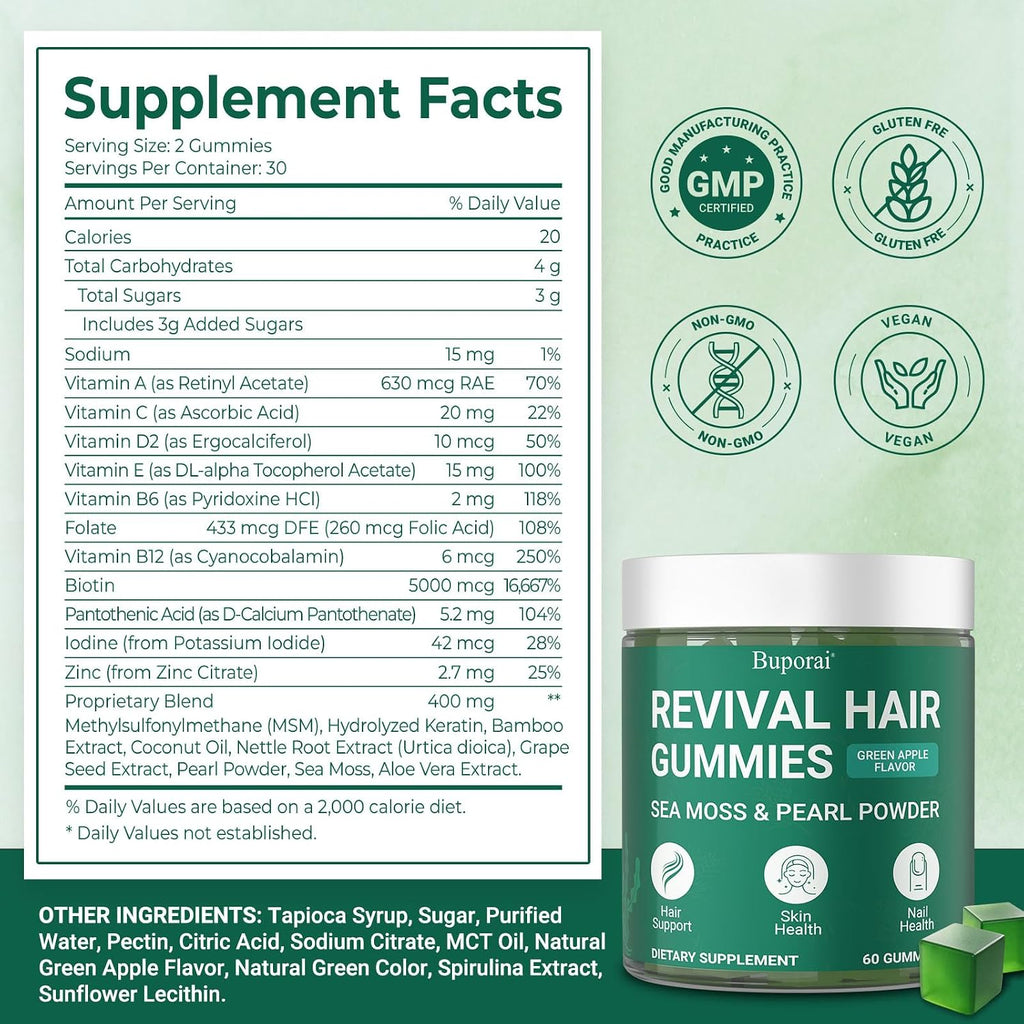 Hair Growth Gummies, Revival Hair Sea Moss Biotin Gummies with Pearl Powder Supports Faster Hair Growth, Stronger Nails, Healthy Skin, Extra Strength