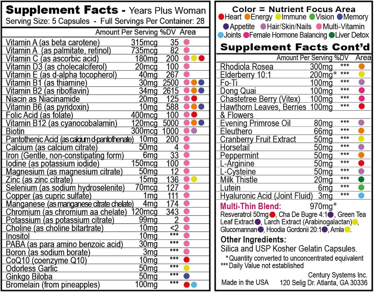 Century Systems H.E.A.L. Quick Years Plus Woman - 140 Capsules | Complete Multivitamin for Women 45+ with Green Tea Extract, Evening Primrose Oil, Resveratrol & Rotiola - 28 Servings
