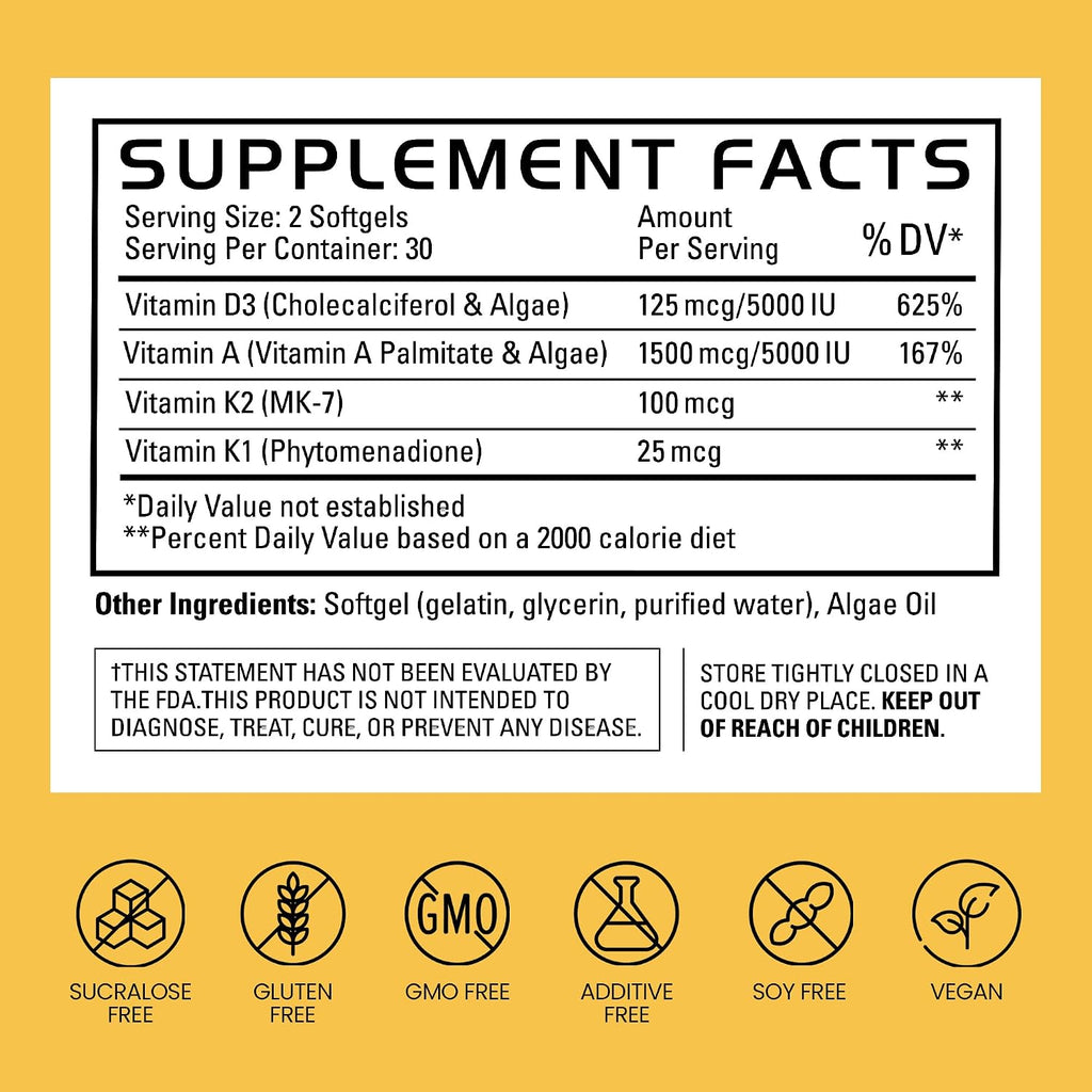 Gains in Bulk D3 K2 Supplement 5000 IU, 60 Softgels