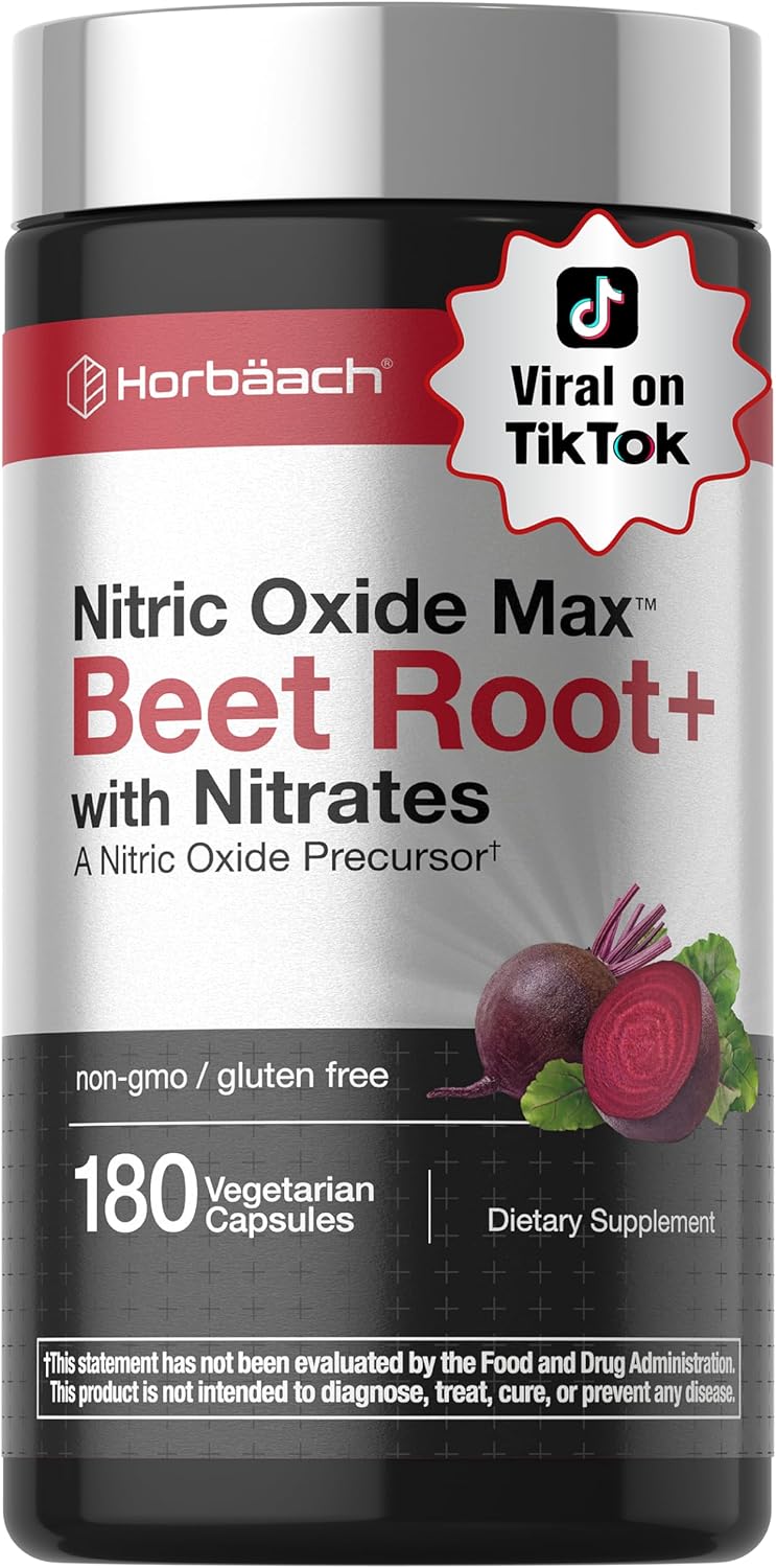 Horbäach Nitric Oxide Beet Root Capsules | 180 Count | with Nitrates and Precursor | For Men and Women | Vegetarian, Non-GMO, Gluten Free Supplement