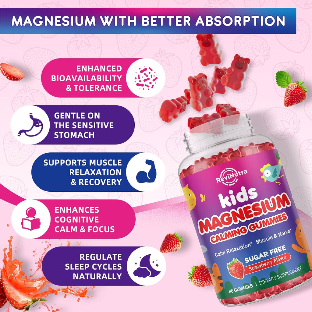 Magnesium Complex Gummies for Kids Adults Magnesium Supplements Sugar Free Strawberry Flavor