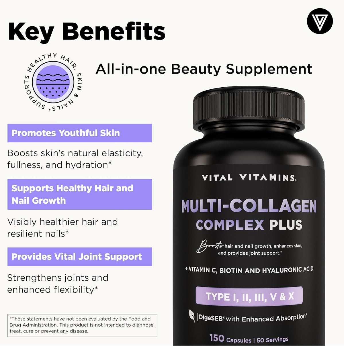 Vital Vitamins Multi-Collagen Plus 150 ct + Hyaluronic Acid Hydration Complex 60 ct