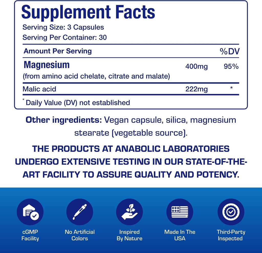 Triple Magnesium Complex 400 Mg - Clinical Formula Chelated Magnesium Supplement with Glycinate Malate and Citrate for Optimal Muscle Nerve Bone & Digestive Health Support - 1 Month Supply