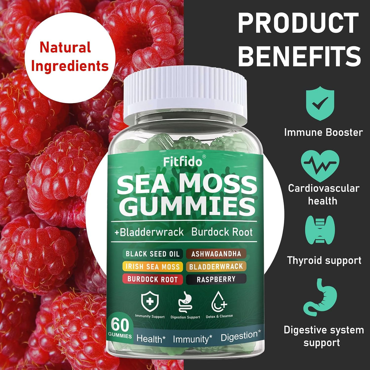 Irish Sea Moss Gummies 3000mg with Bladderwrack, 60 Count | Daily Wellness, Mineral Support, Bladderwrack, Burdock Root, Manuka Honey, 105+ Trace Minerals, Sugar Free, Vegan