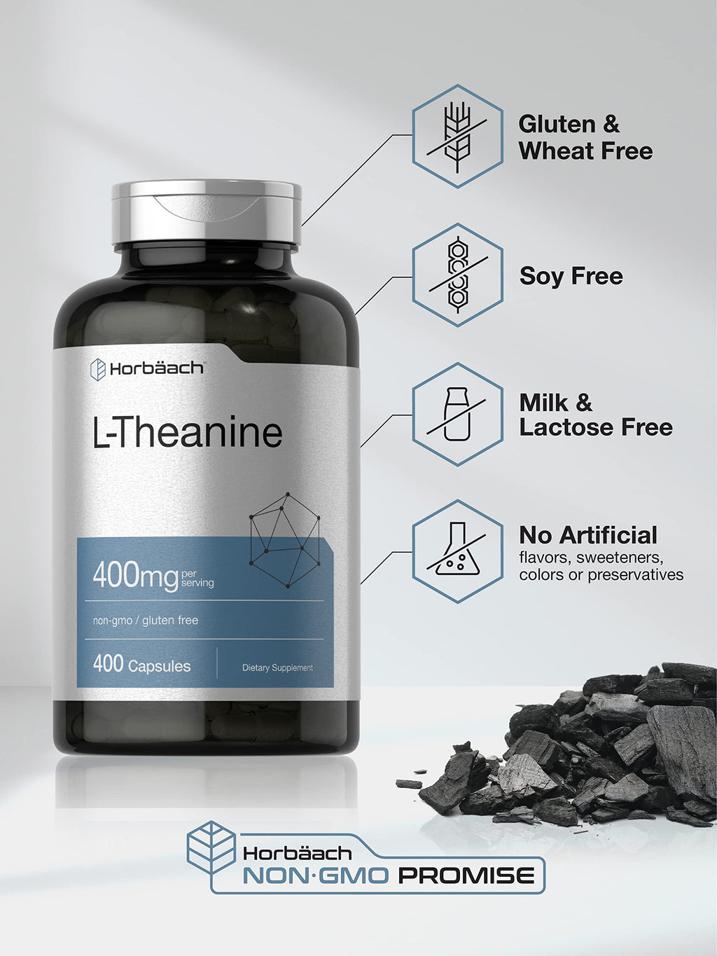 Horbäach L-Theanine Supplement | 400mg | 120 Powder Capsules | Non-GMO & Gluten Free