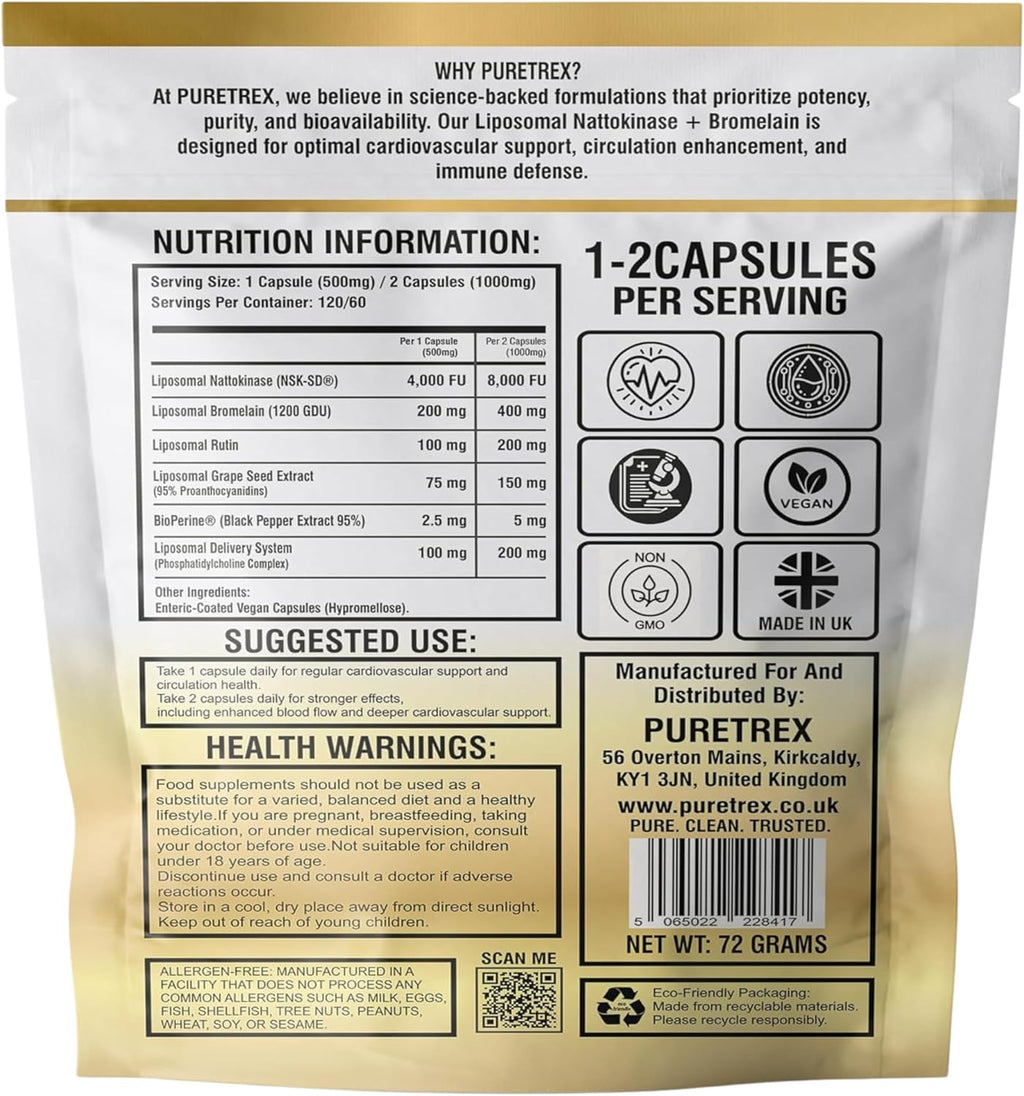 Nattokinase Supplement 4000 FU Liposomal Enteric Coated Capsules, Bromelain 1200 GDU, Rutin, Grape Seed Extract, BioPerine, Heart Health & Blood Circulation Formula for Men & Women, 120 Count