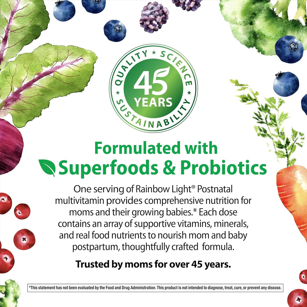 Rainbow Light Postnatal Multivitamin for Women | 120 Capsules | Supports Mom’s Health & Baby’s Development | with Vitamin C and Zinc | Superfoods Blend & Probiotics