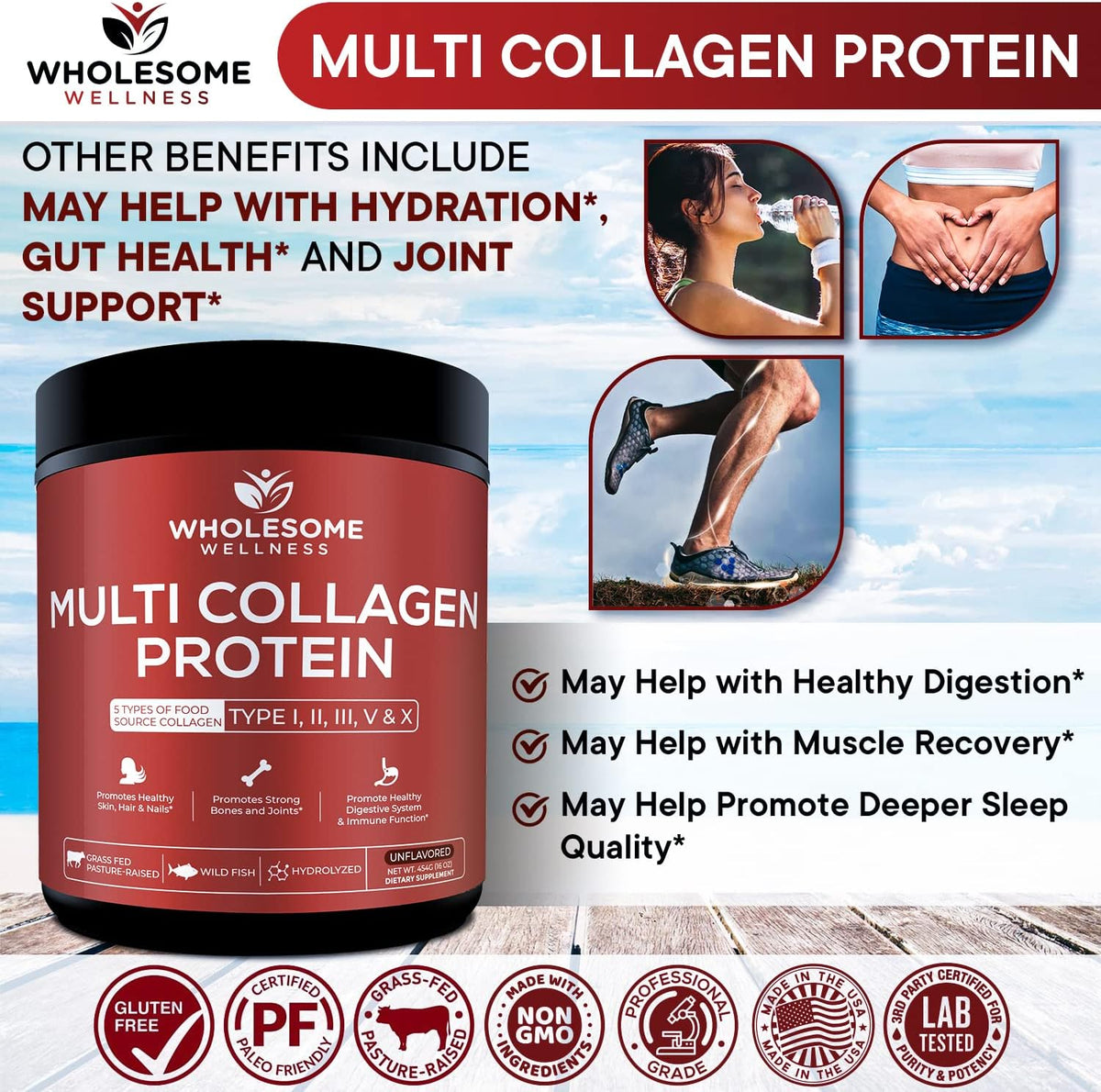 Wholesome Wellness Digestive Enzymes 1000MG Plus Prebiotics & Probiotics Supplement + Multi Collagen Protein Powder Hydrolyzed (Type I II III V X) Bundle