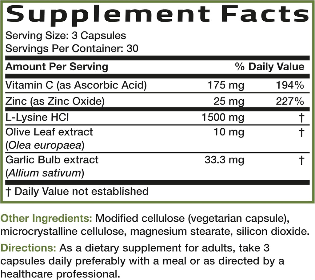 Bronson L-Lysine Defense Immune Support Complex, 1500 mg, 90 Capsules | Essential Amino Acid with Olive Leaf, Garlic, Vitamin C & Zinc, Vegetarian, Non-GMO, Gluten-Free & Soy-Free