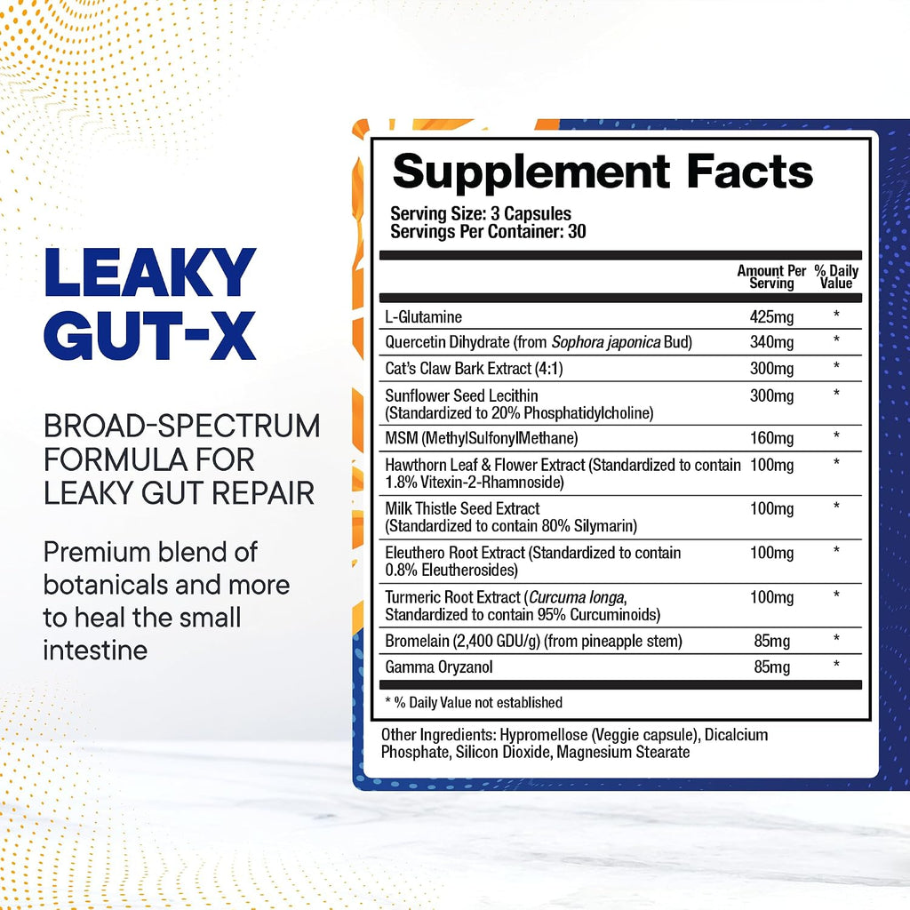 BioMatrix Leaky Gut Repair Supplement w/Glutamine, Quercetin, Cat's Claw, MSM, SIBO, Prebiotic Support, Intestinal Barrier Revive for Men and Women | 60-Day Supply – Leaky Gut-X