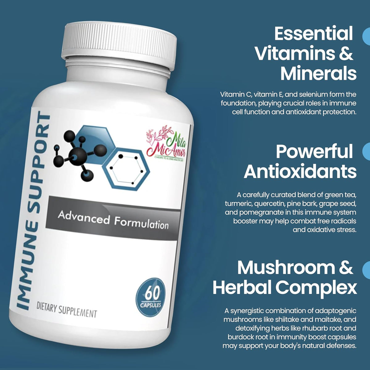 Mila Miamor Immune Support Supplement with Vitamins C, E, Minerals & Herbal Complex – Antioxidant & Detox Support – 60 Capsules for Year-Round Immunity