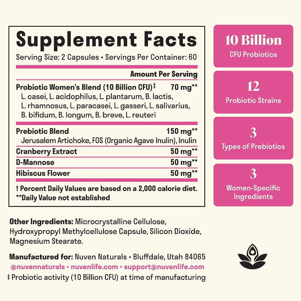 3-in-1 Womens Probiotic - Probiotics, Prebiotics, D-Mannose, 60 Day Supply | Prebiotics and Probiotics for Women, Ingredients to Support Digestive Health, Vaginal Health & pH Balance, Women Probiotic*