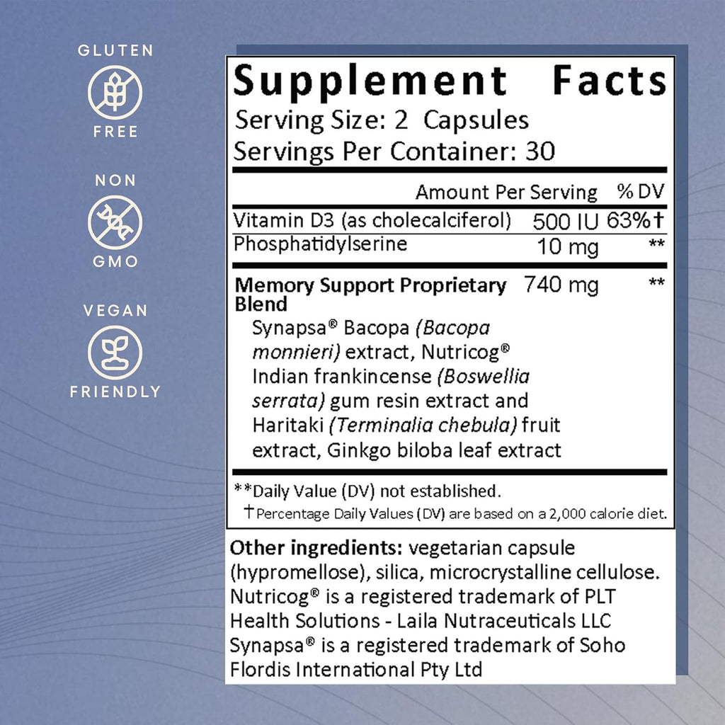 EcoNugenics Memory Boost Supplement – Clinically Studied Ingredients to Support Brain Focus & Health – Nootropic Formula with Bacopa Monnieri, Boswellia Serrata & Ginkgo Biloba Extract – 60 Capsules