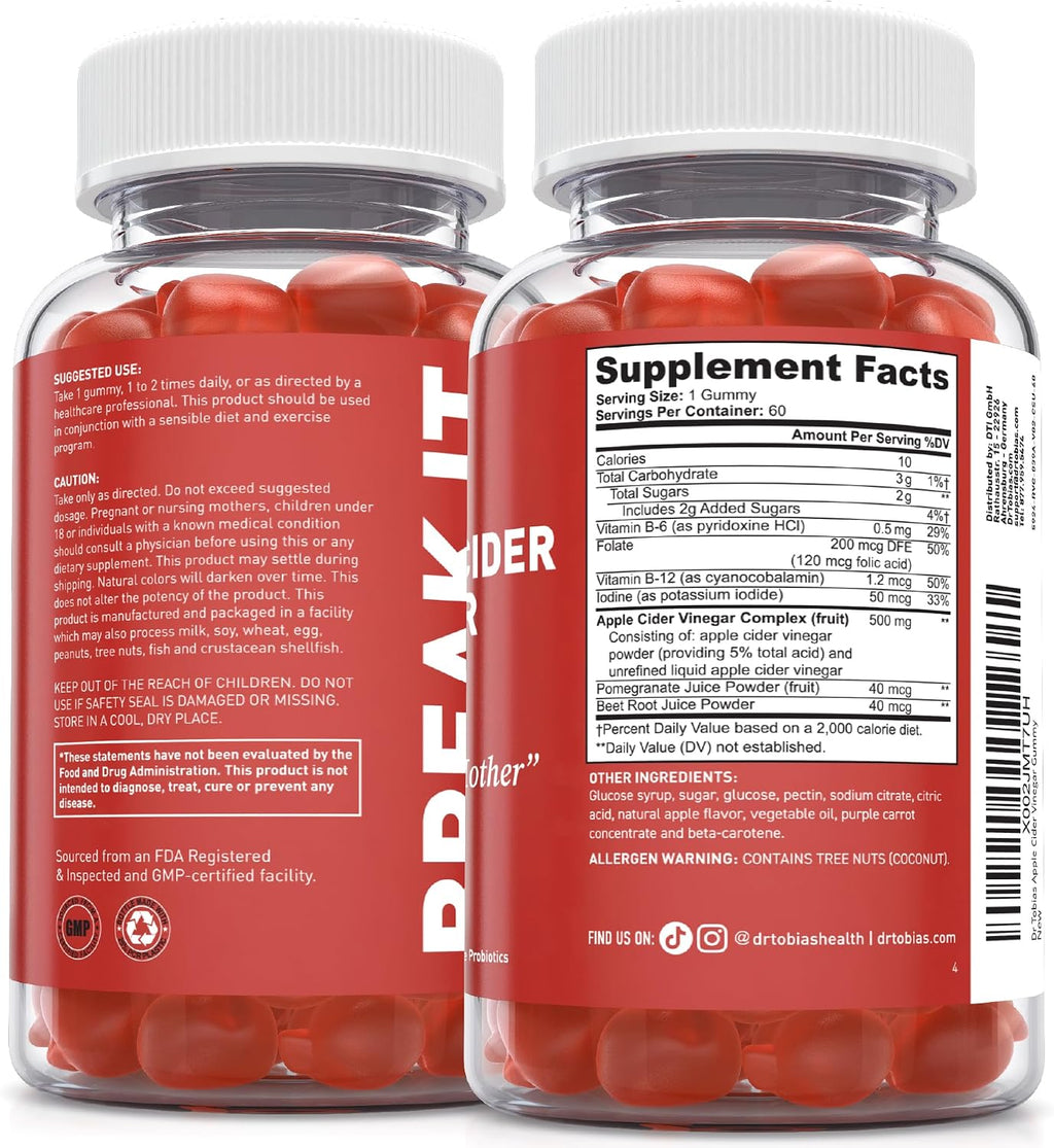 Dr. Tobias Apple Cider Vinegar Gummies with The Mother 60 Count | Digestive & Daily Wellness Support | 500 mg ACV | Folate + B6 + B12 + Iodine | Vegan | 30 Servings