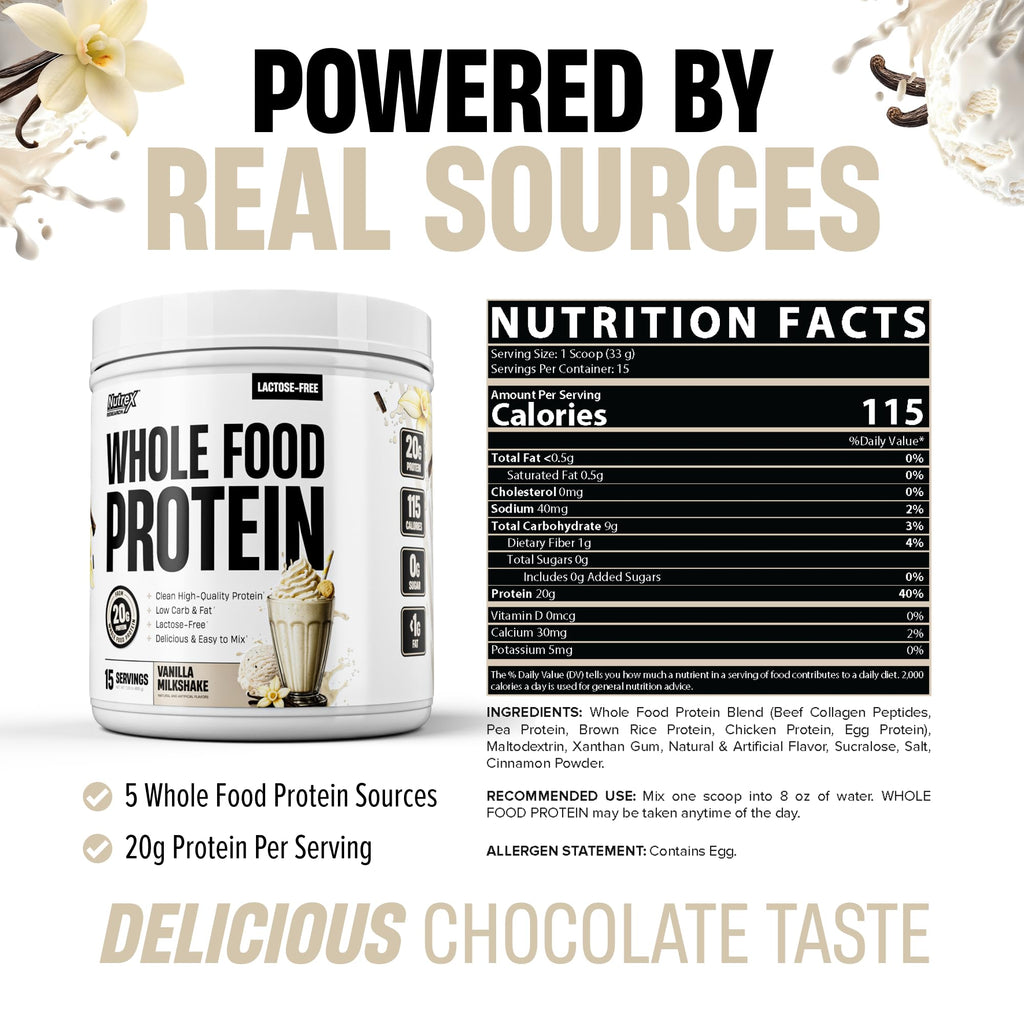 Nutrex Research Whole Food Protein Powder, 20g Protein per Scoop, Lactose Free, Dairy Free, Low Carb Low Fat, Collagen Peptides, 15 Servings (Vanilla Milkshake)