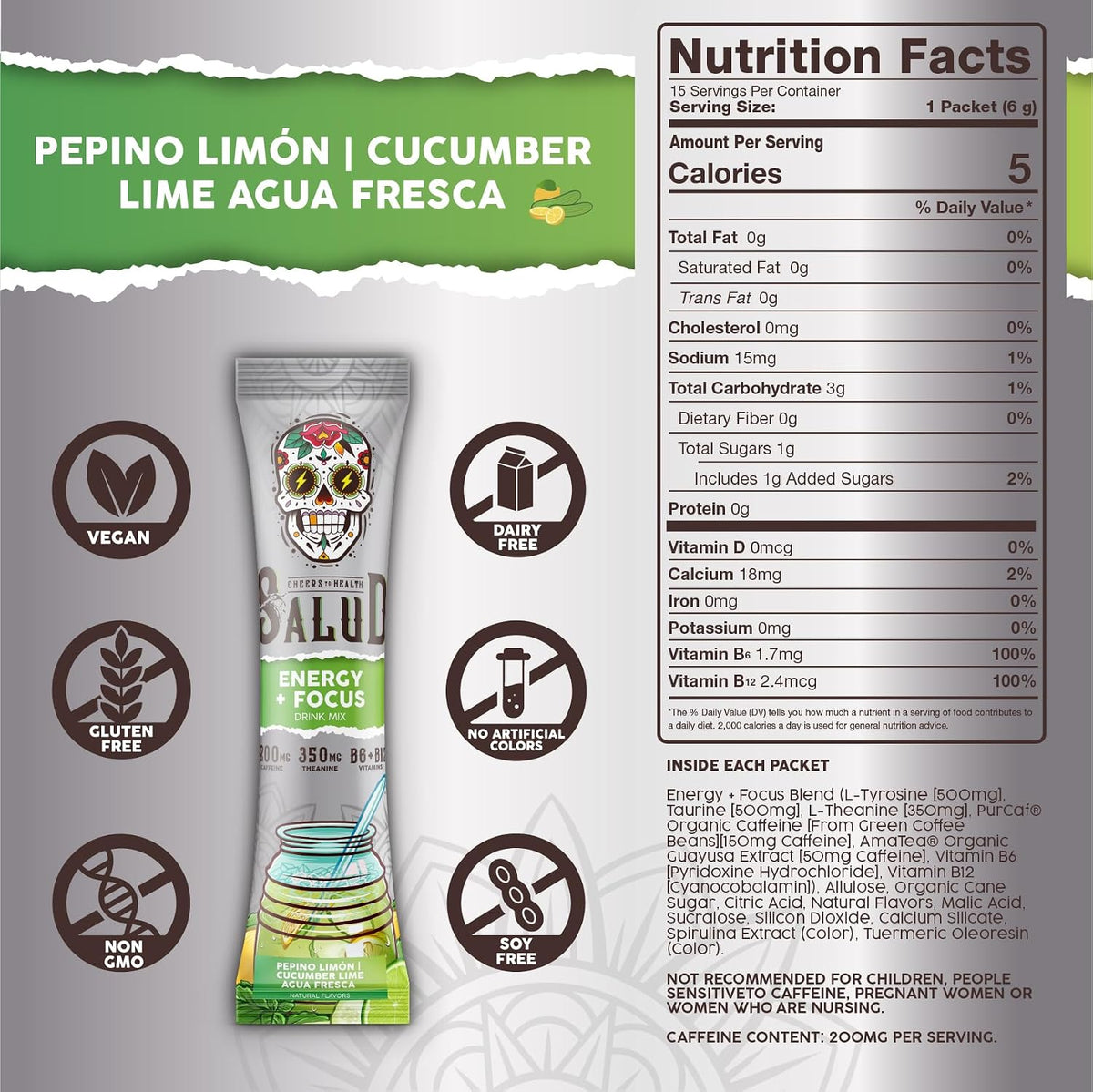 Salud 2-Pack | 2-in-1 Hydration + Immunity (Tamarindo) & Energy + Focus (Cucumber Lime) – 15 Servings Each, Agua Fresca Drink Mix, Non-GMO, Gluten Free, Vegan, Low Calorie, 1g of Sugar