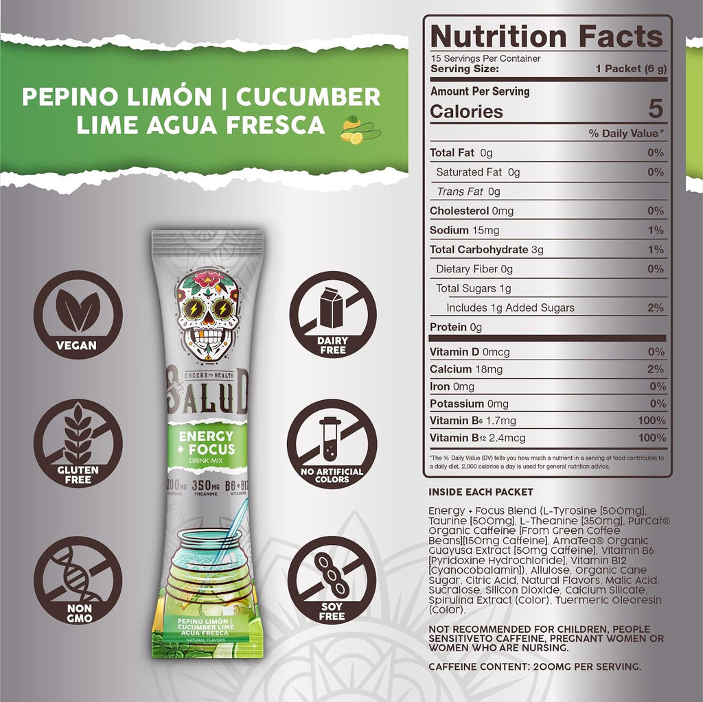 Salud 2-Pack | 2-in-1 Hydration + Immunity (Lemonade) & Energy + Focus (Cucumber Lime) – 15 Servings Each, Agua Fresca Drink Mix, Non-GMO, Gluten Free, Vegan, Low Calorie, 1g of Sugar