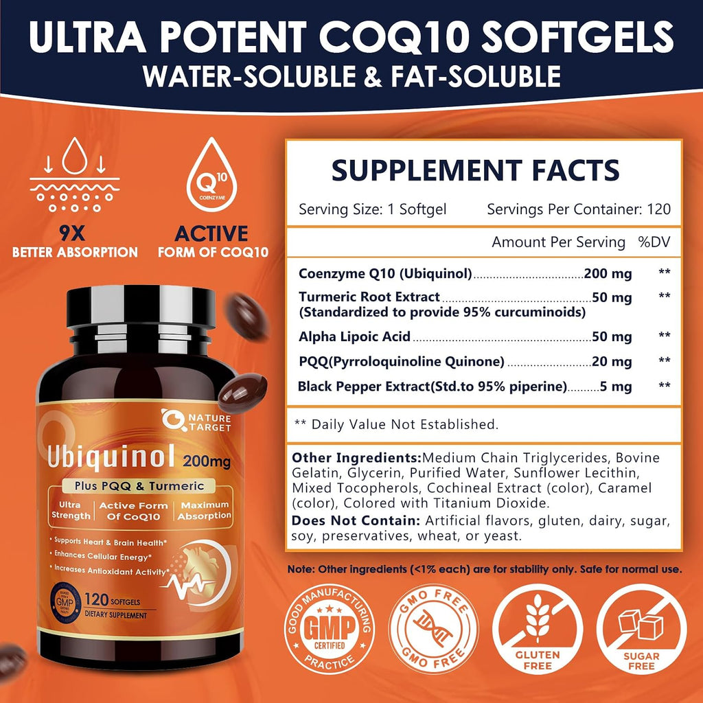NATURE TARGET Ubiquinol CoQ10 200mg with PQQ & Turmeric, 120 Count | High Absorption Coenzyme Q10 with ALA & Black Pepper, Supports Antioxidant for Brain Health, Energy Production