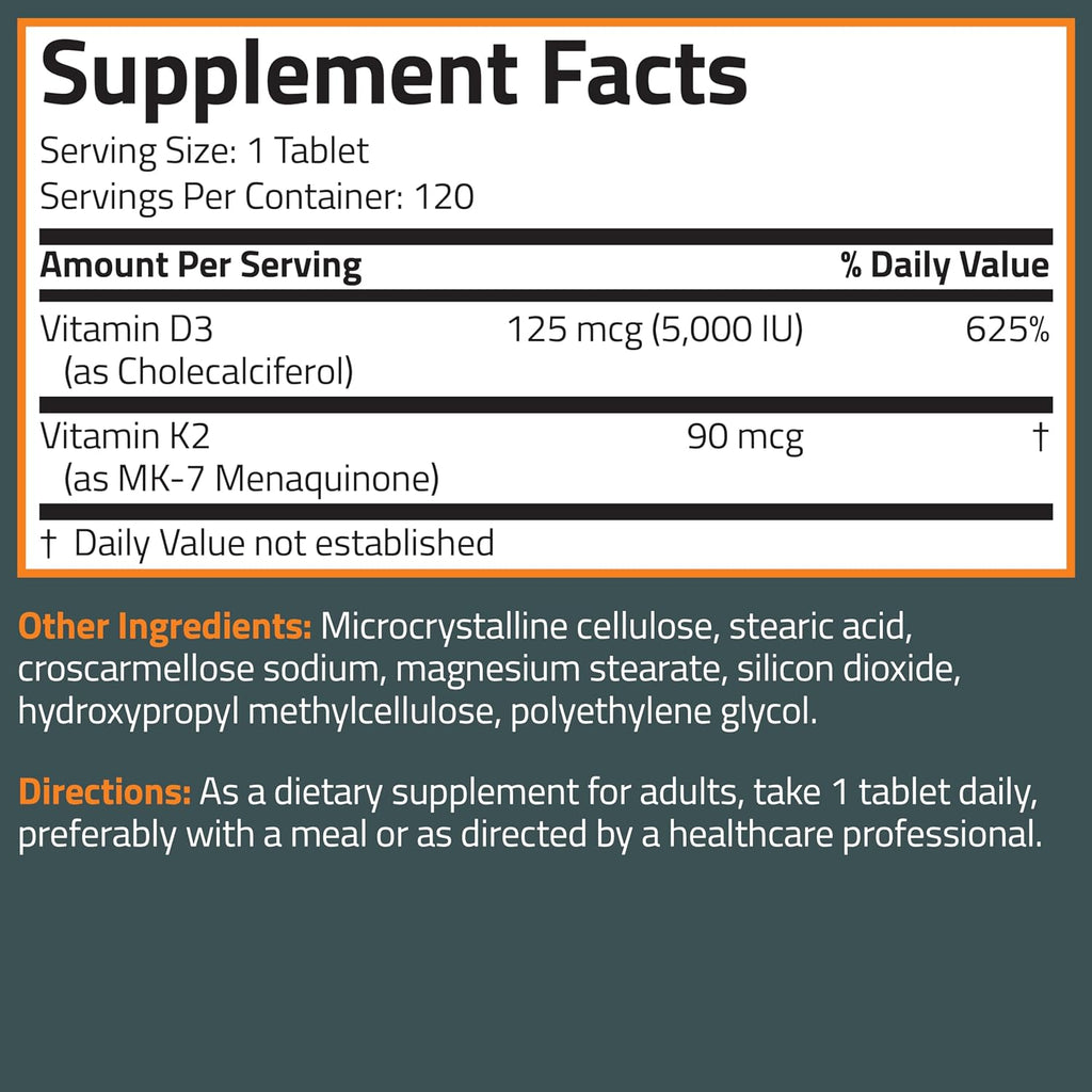 Bronson Vitamin K2 D3 (MK7) Supplement 2-in-1 D3 & K2 Complex, 120 Tablets | Bone, Immune & Heart Health Support, Gluten-Free, Soy-Free, Non-GMO, Vitamin D3 5000 IU (125 mcg) & 90 mcg K2 MK-7