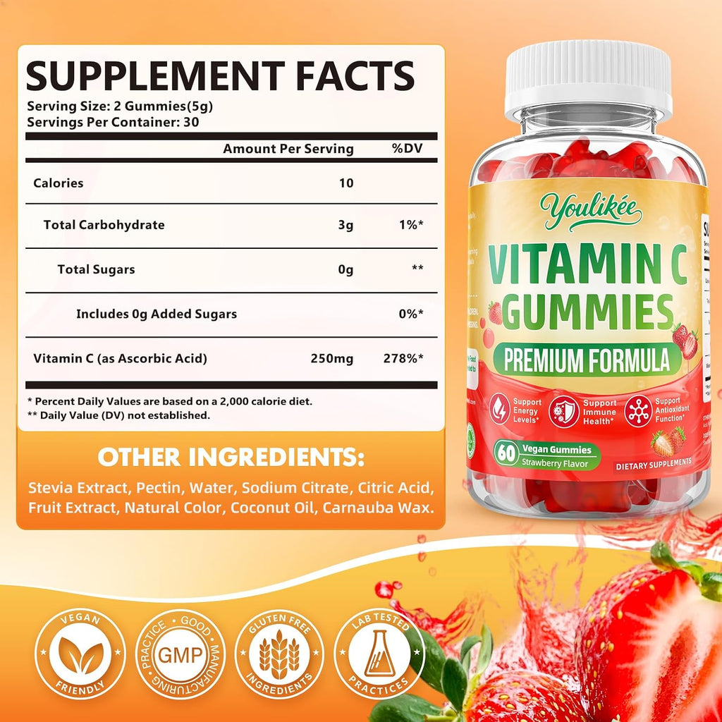Vitamin C Gummies for Adults, Immune Support Supplement for Energy, 60 Ct | Antioxidant Protection, Non-GMO, Vegan, Sugar-Free, Strawberry Flavor