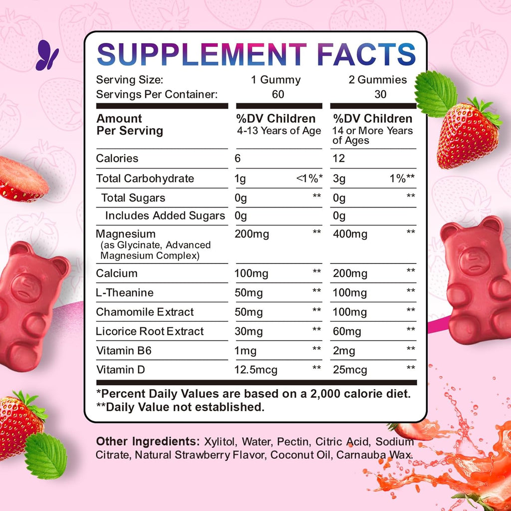 2 Pack Kids Magnesium Gummies Sugar Free Strawberry & Pineapple Flavor