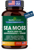 Sea Moss Capsules with Black Seed Oil Ashwagandha Ginger Burdock Root | Advanced Seamoss 60 Count | All Men Women Age
