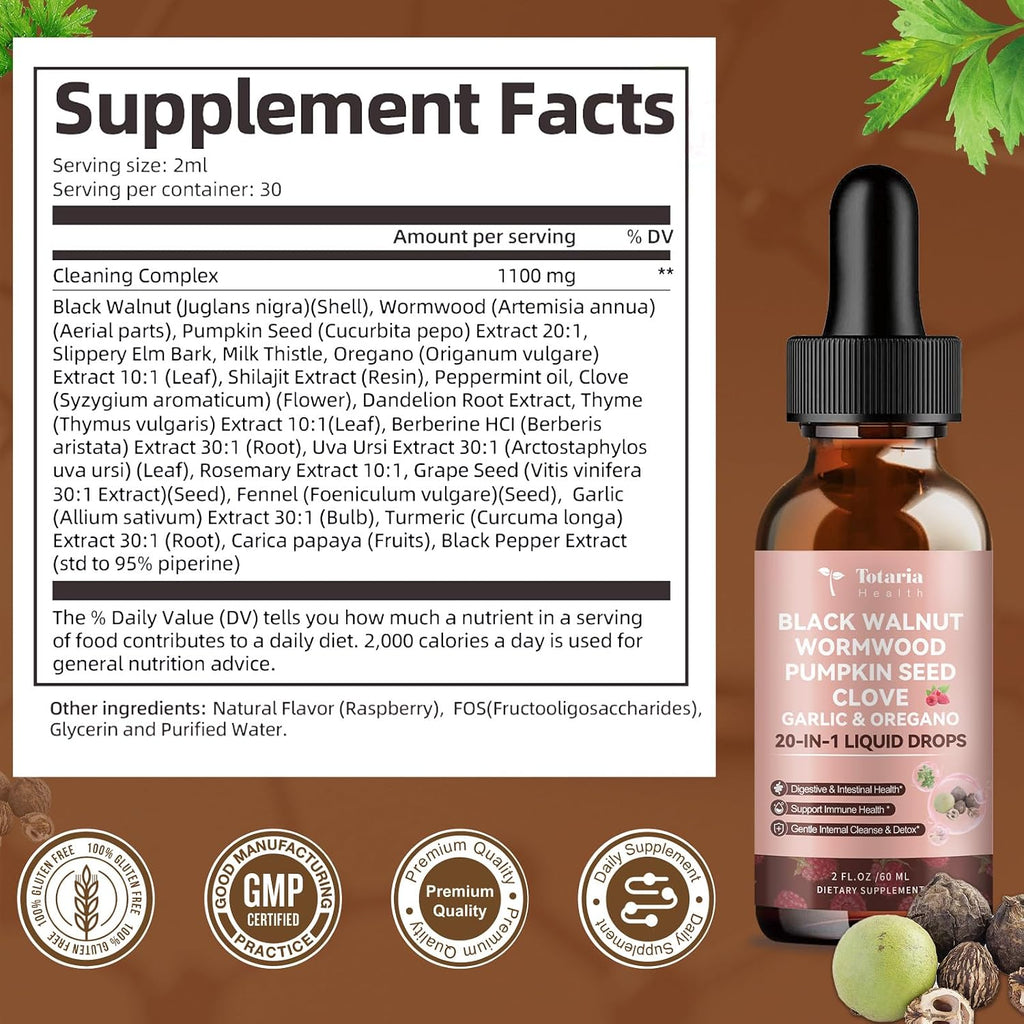 Totaria 20 in 1 Black Walnut Wormwood Tincture - Clove,Pumpkin Seed,Garlic,Oregano,Berberine - Gentle Gut Cleanse & Digestive Health - Alcohol-Free,Gut-Friendly -Raspberry Flavor - 2FL